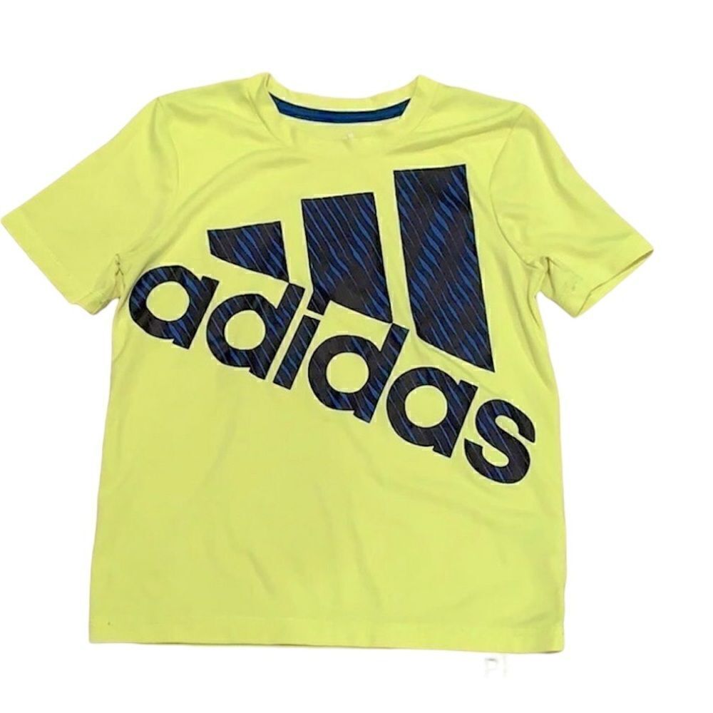 Adidas Climalite Neon Yellow  3 Stripes Logo T-shirt Size 5 Boys